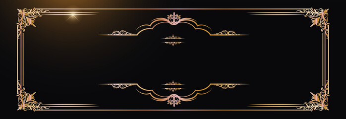 Elegant decorative golden frame with vintage floral ornaments on black background, perfect for invitations, certificates, menus, greeting cards, and premium design projects.