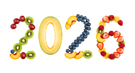 2026 year made from assorted fresh fruit slices isolated on white background, creative healthy New Year concept
