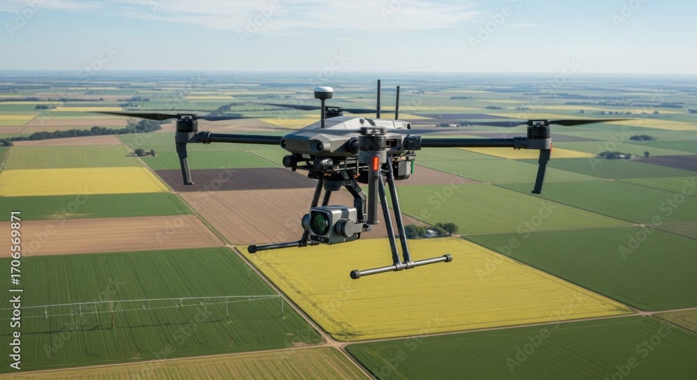 Poster medium shot of a drone capturing highresolution satellite images over vast agricultural fields for a