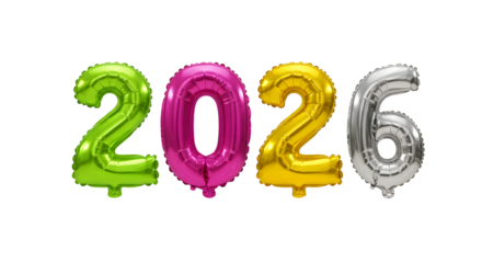 Colorful metallic balloon numbers 2026 on white background, celebration and party decoration for New Year's and future events