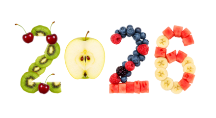 Creative 2023 numbers made from fresh fruits including kiwi, cherries, apple, blueberries, raspberries, watermelon, banana, and strawberries, perfect for healthy lifestyle themes