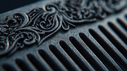 Medium shot of a 3Dprinted comb with intricate patterns sharply focused against a softly blurred background highlighting custom personal grooming tools.