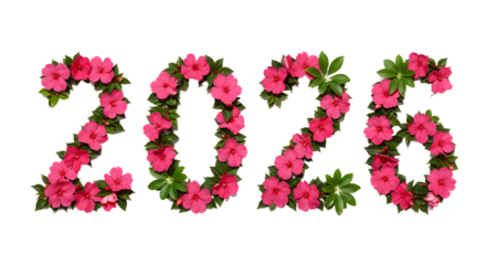 2026 made of pink flowers and green leaves on black background, floral numbers design perfect for spring celebrations