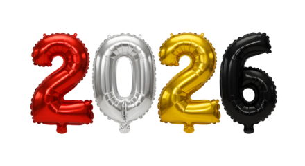 Metallic balloon numbers 2026 in red, silver, gold, and black isolated on white background, perfect for New Year celebrations or milestone events