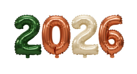 Green, copper, and cream foil balloon numbers forming 2026, perfect for New Year celebrations or milestone events