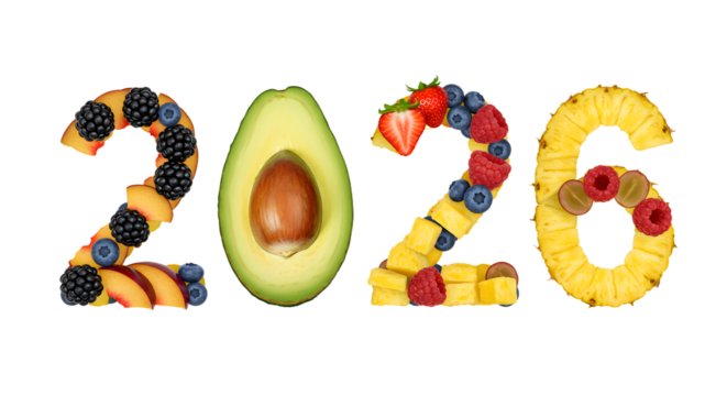 Healthy 2026 year concept with fresh fruits and avocado shaped numbers, perfect for wellness and nutrition themes