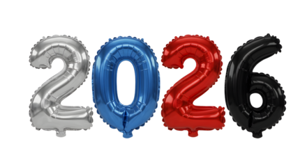 2026 colorful balloons in silver, blue, red, and black, representing the new year, perfect for celebrations and festive events
