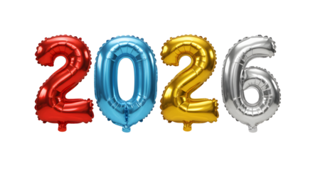 Red, blue, gold, and silver number balloons spelling 2026, festive decoration for New Year celebrations and countdown events