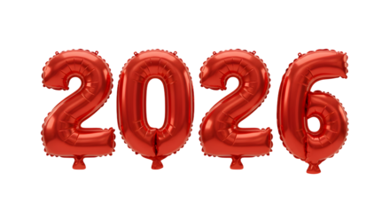 Red foil balloon numbers 2026 isolated on white background, celebration decoration for New Year or milestone events