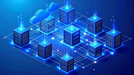 Digital Cloud Network Visualization with Servers and Data Transmission in Blue Tones - Powered by Adobe