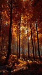 Fototapeta premium Sunlight filters through a dense forest, illuminating fiery autumn leaves on the trees and forest floor. The scene is serene and warm-toned, creating a sense of autumnal tranquility