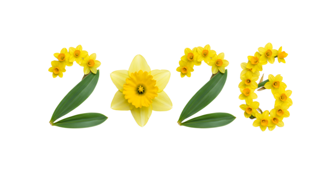 2026 spelled with yellow daffodil flowers and green leaves, bright spring floral design perfect for seasonal greetings