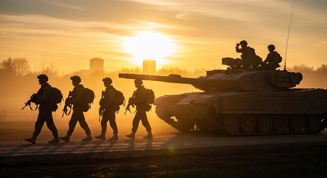 A dramatic silhouette of soldiers on patrol, walking alongside a tank against a bright sunrise or sunset with a city skyline in the background. A powerful image for military and defense concepts.