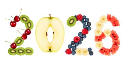 Colorful 2026 numbers made of fresh fruits including kiwi, apple, blueberries, bananas, cherries and watermelon, healthy and vibrant concept for the new year