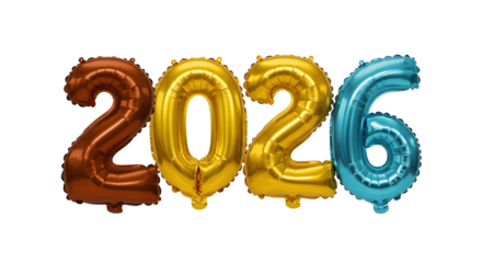 Colorful 2026 foil balloons in bronze, gold and blue on white background, perfect for New Year celebrations or milestone events