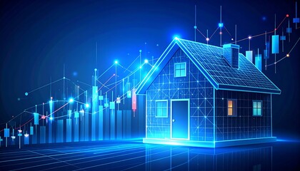 Futuristic digital house with glowing lines and financial charts