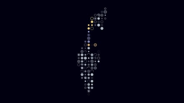 Israel map animation. Shape of the country with pulsating colored dots. Large size circle blocks. Digital style Israel map on dark background. Creative video.