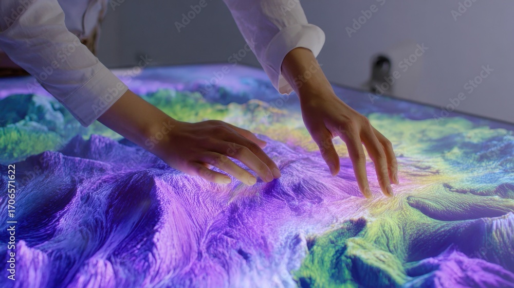Poster shot focusing on a touchready digital signage panel showcasing vibrant interactive content while the