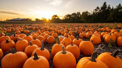 Vibrant orange pumpkins abundant in a field ready for harvest at golden hour during the autumn season creating a stunning autumnal landscape - Powered by Adobe
