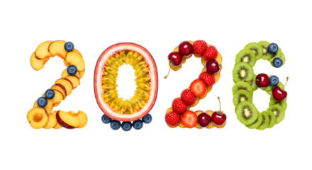 Fresh fruit numbers forming 2026 with blueberries, strawberries, kiwi, and passion fruit, healthy and colorful food art, perfect for health and nutrition themes