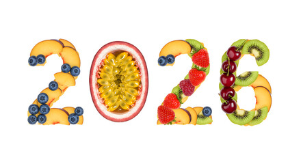 Creative 2026 numbers made with fresh fruits including blueberries, passion fruit, strawberries, kiwi, and cherries, perfect for healthy lifestyle themes