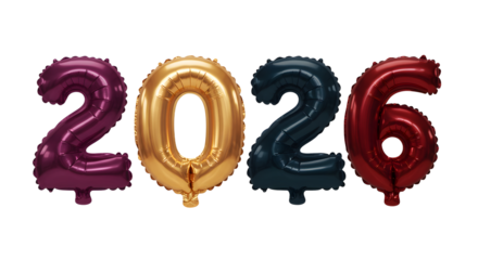 Metallic balloons shaped as numbers 2026 in purple, gold, black, and red colors on white background, perfect for New Year celebrations or countdown events