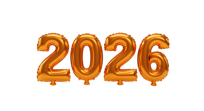 Golden foil balloons shaped as 2026 numbers isolated on white background, perfect for New Year celebrations and party decorations