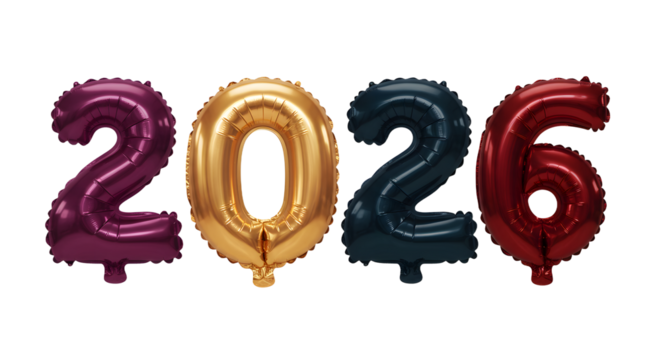 Metallic balloons shaped as numbers 2026 in purple, gold, black, and red colors on white background, perfect for New Year celebrations or countdown events