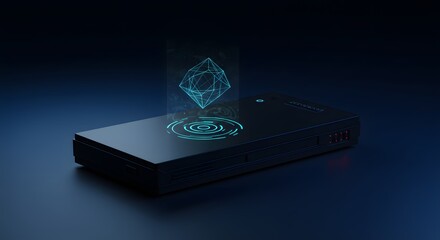 A dark box displays a blue geometric hologram and concentric circles on a dark blue surface