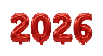 Red metallic balloon numbers 2026 isolated on white background, celebration and party decoration, perfect for New Year events