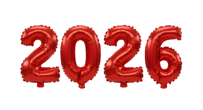 Red metallic balloon numbers 2026 isolated on white background, celebration and party decoration, perfect for New Year events