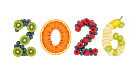 Fresh healthy fruit numbers 2026 made from kiwi, orange, raspberries, blueberries, banana, and corn, ideal for healthy lifestyle and nutrition concepts