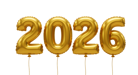 Golden foil balloons forming the number 2026 on white background, perfect for New Year celebrations and countdown events