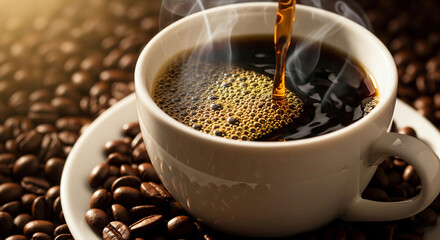 Pouring a fresh, hot cup of coffee with steam rising, surrounded by roasted coffee beans. A perfect shot for a cafe, a morning ritual, and the rich flavor of a freshly brewed cup.