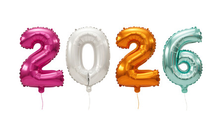 Colorful 2026 foil balloons in bright pink, white, orange, and teal colors on white background, perfect for New Year celebrations or parties