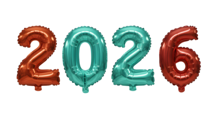 Metallic red and teal foil balloons arranged as 2026 number celebration, perfect for New Year or milestone events