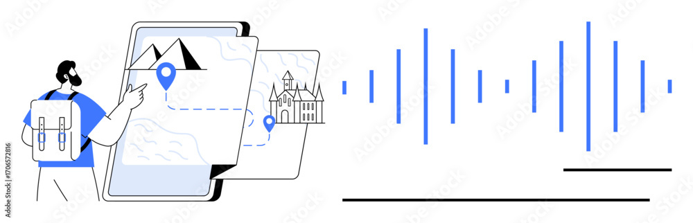 Aufkleber man with backpack interacts with device displaying map, location pins, and landmarks. sound waves su