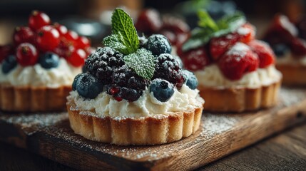 Artisan Berry Tartlets with Creamy Filling on a Rustic Wooden Board Delight