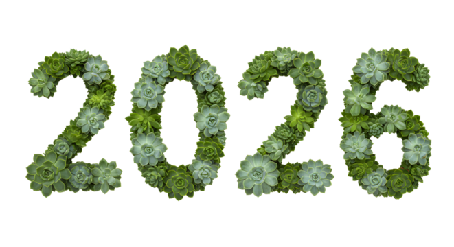 Succulent plant numbers forming 2026 date on white background, symbolizing growth and future milestones, perfect for New Year and business themes