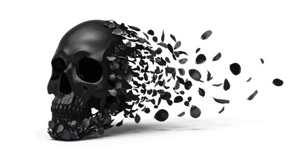 Dissolving monochrome skull with fragments drifting away on a stark white background