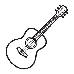 Vector art of a minimalist line art illustration of an acoustic guitar, the design features a clean, black outline of the guitar, emphasizing its body, neck, strings, and headstock