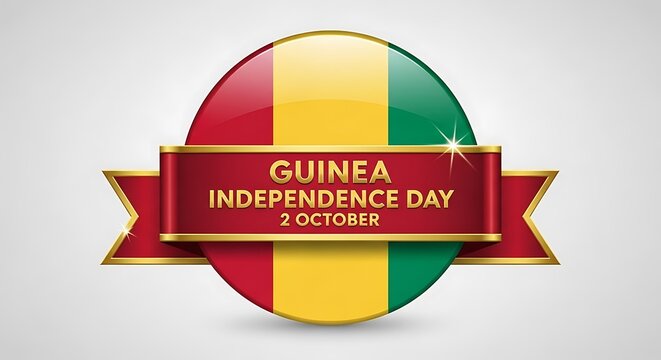 Guinea Independence Day: Glossy Flag Circle with Red Ribbon and Golden Text