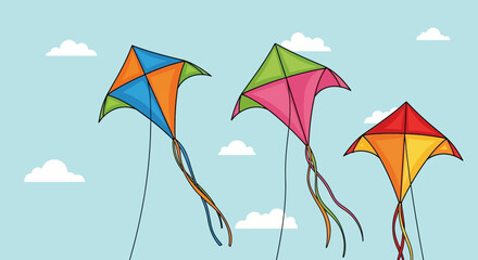 Colorful Kites Flying in a Blue Sky Spring Summer Fun Childrens Activities