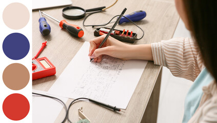 Female inventor drawing at table in workshop, closeup