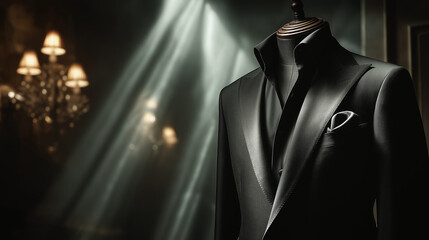 Elegant black fabric suit on mannequin, dramatic spotlight, luxury studio backdrop with deep shadows, high fashion editorial style