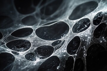 Close-up of a delicate, intricate spiderweb draped over a dark, textured surface.