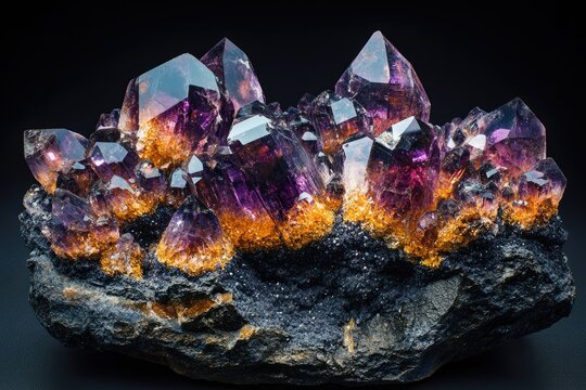 Stunning amethyst geode with vibrant purple and orange crystals embedded in dark matrix.