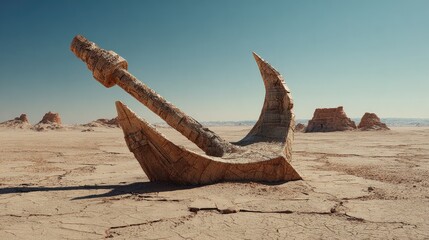 A massive, weathered stone anchor rests in a desolate, cracked desert landscape under a clear blue sky, near eroded rock formations
