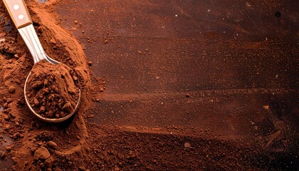 Brown Cocoa Powder on Dark Surface with Spoon
