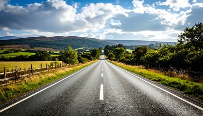 Empty road stretching into a landscape of hills and trees under a partly cloudy sky